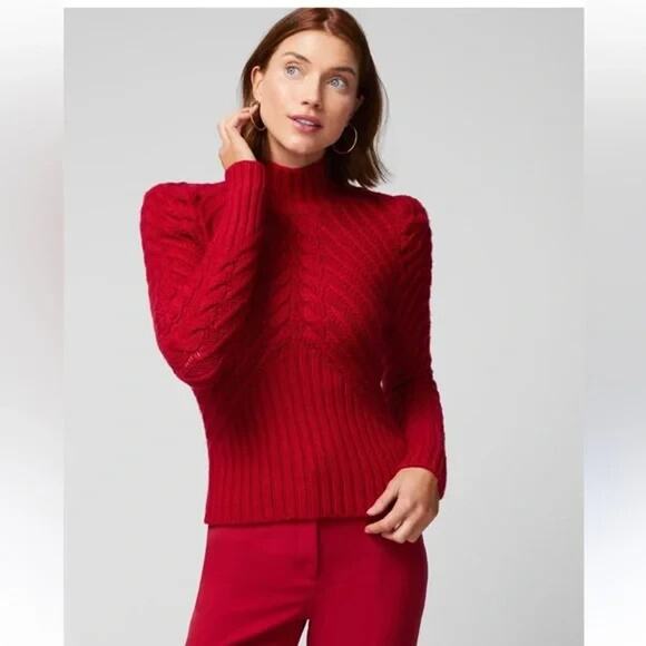 White House Black Market Sweater Medium Red Cable Knit Puff Sleeve Turtleneck - Picture 11 of 14